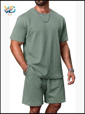 Mens 2 Piece Loose Fit Textured Tshirt & Drawstring Shorts Set